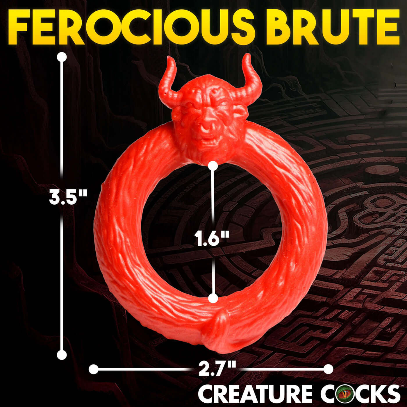 Red Beast Mode Silicone Cock Ring with bull head, dimensions of 3.5" height, 2.7" width, and 1.6" internal diameter.
