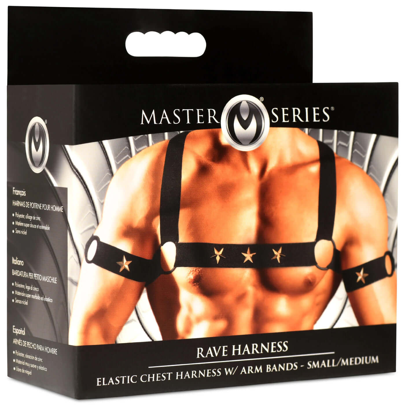 Black stretchy male chest harness with armbands featuring metal stars, shown in packaging from the Master Series, size small/medium.