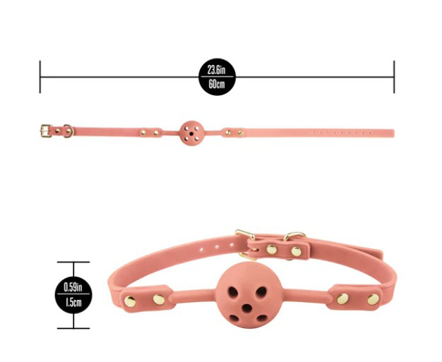 Temptasia Ardor Ball Gag Pink with dimensions showing 23.6 in length and 0.59 in width.