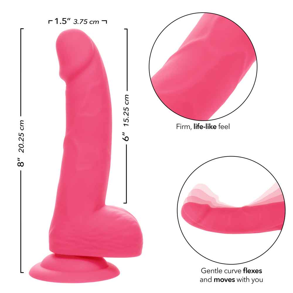 Neon Silicone Studs 6 Inch Dildo - Pink, firm life-like feel, 8 inches tall with 6-inch insertable length, showing gentle curve that flexes
