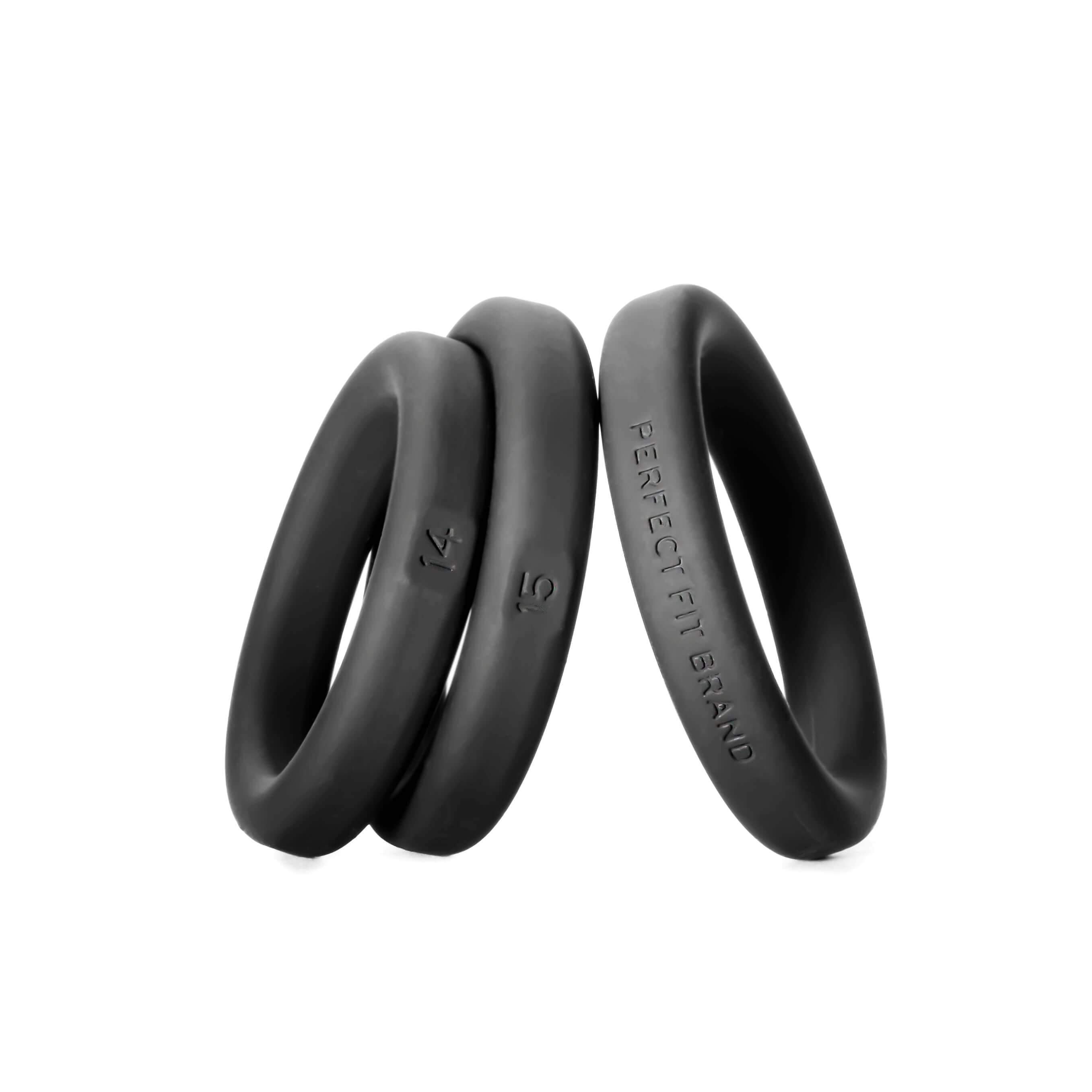 Xact-Fit 3 Premium Silicone Cock Rings sizes #14, #15, #16 by Perfect Fit - Black.