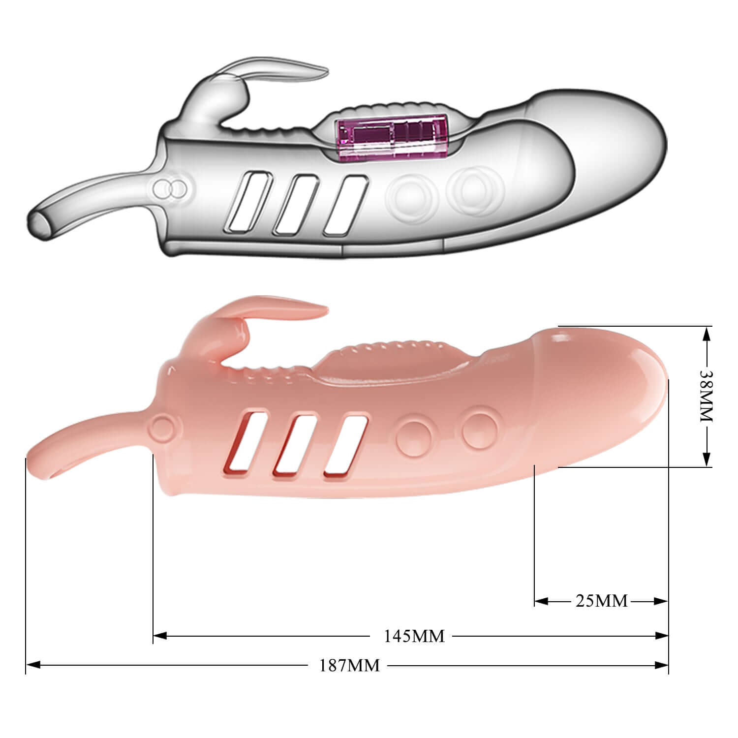 Pretty Love Penis Sleeve Sloane Flesh vibrating cock sleeve dimensions and features illustration.