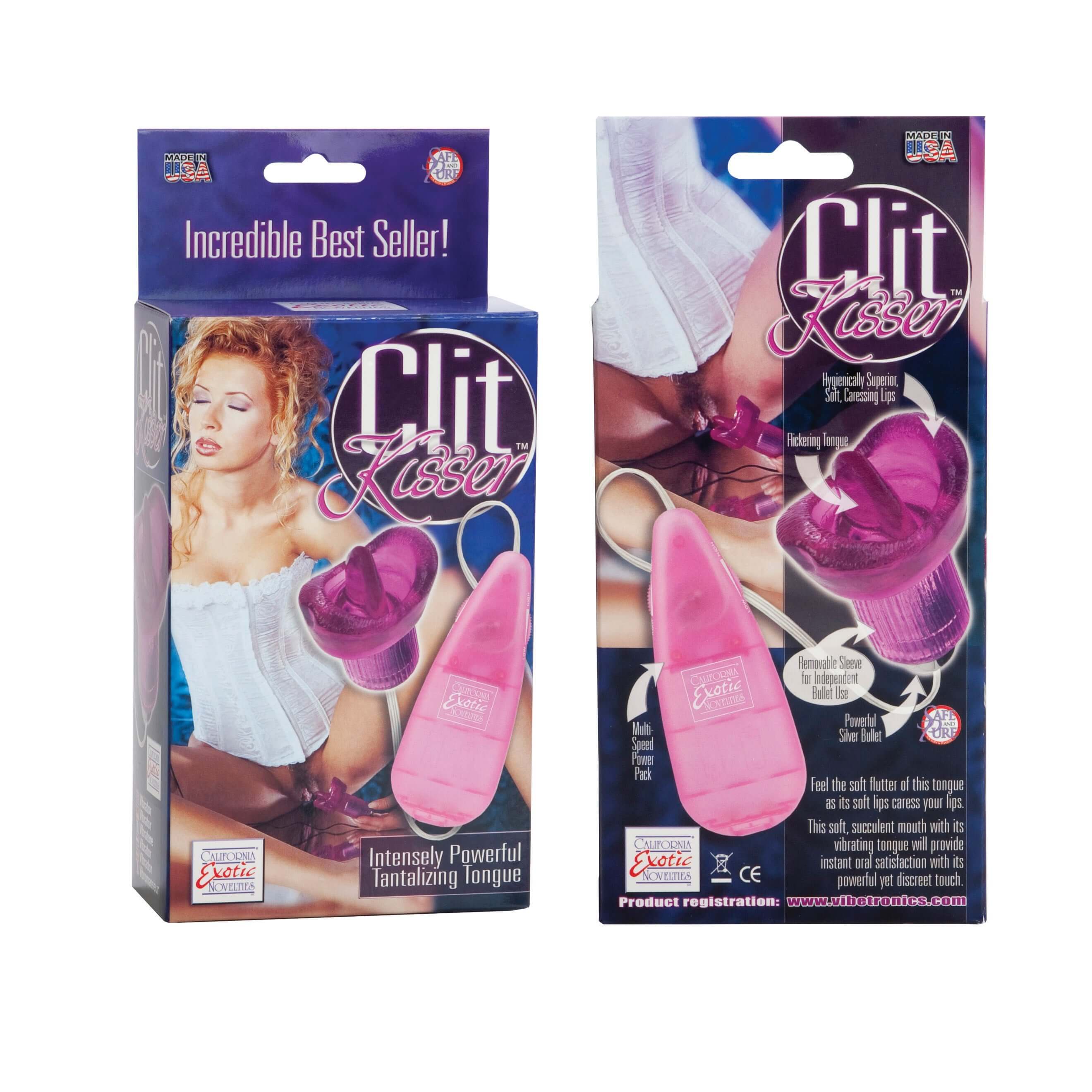 Clit Kisser Tongue Vibrator Pink packaging showcasing an intensively powerful tantalizing tongue design.