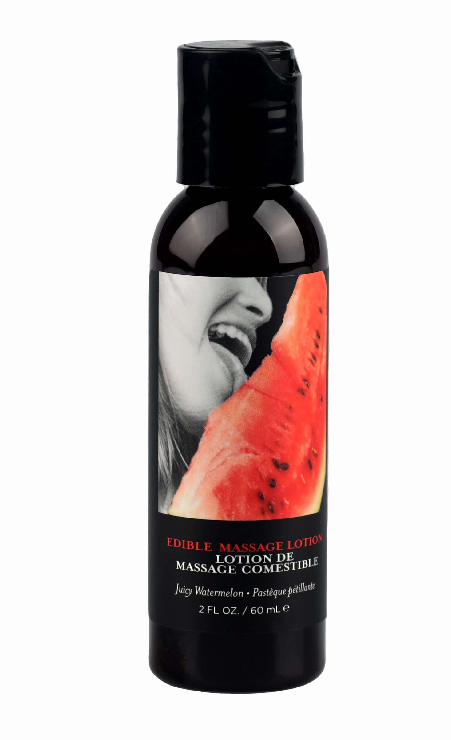 Edible Massage Lotion Watermelon 2 Oz bottle featuring a woman and a watermelon slice in vibrant colors.