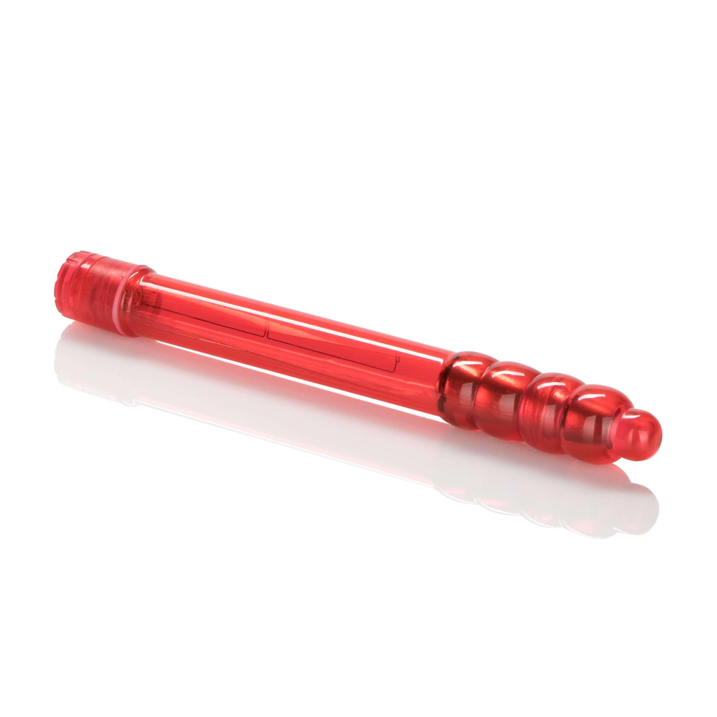 Slender Sensations Mini Vibrator Red displayed on white background, highlighting its slim design and powerful vibrations.