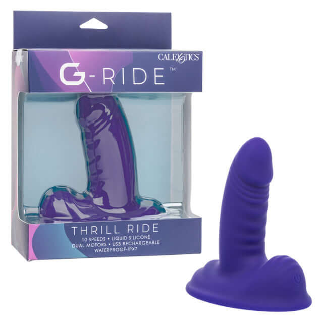 G-Ride Thrill Ride Liquid Silicone Vibrator Purple in packaging, showcasing its smooth design and functional features.