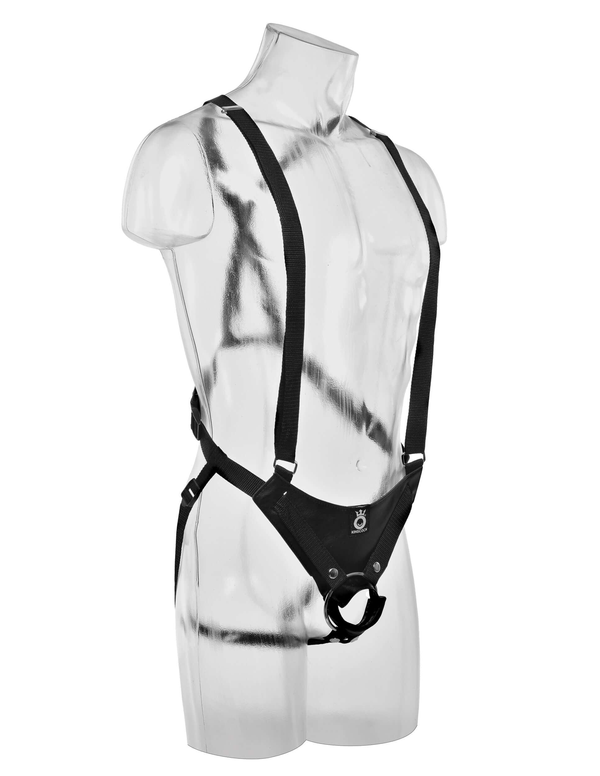 King Cock 12 Inch Hollow Strap-on Suspender Flesh harness displayed on a mannequin for maximum support and performance.