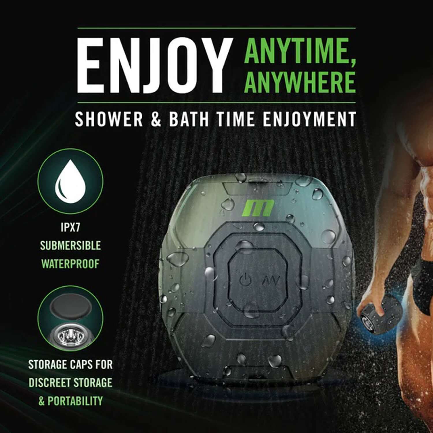 Promotional image showing the M For Men Dome X Vibrating Masturbator and its IPX7 waterproof feature for shower and bath time enjoyment.