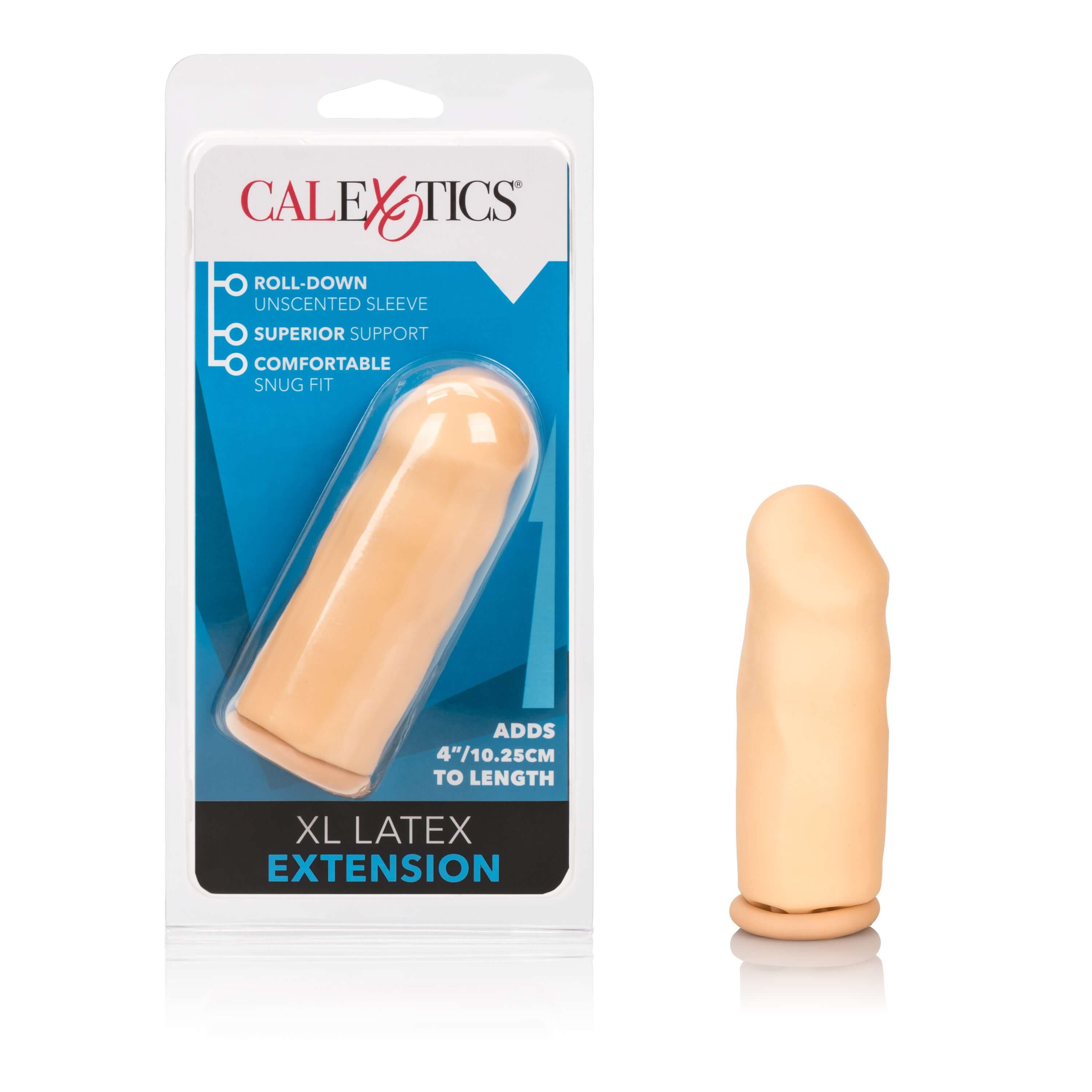 4 Inch Latex Penis Extension Ivory in packaging, designed for length enhancement and comfort.