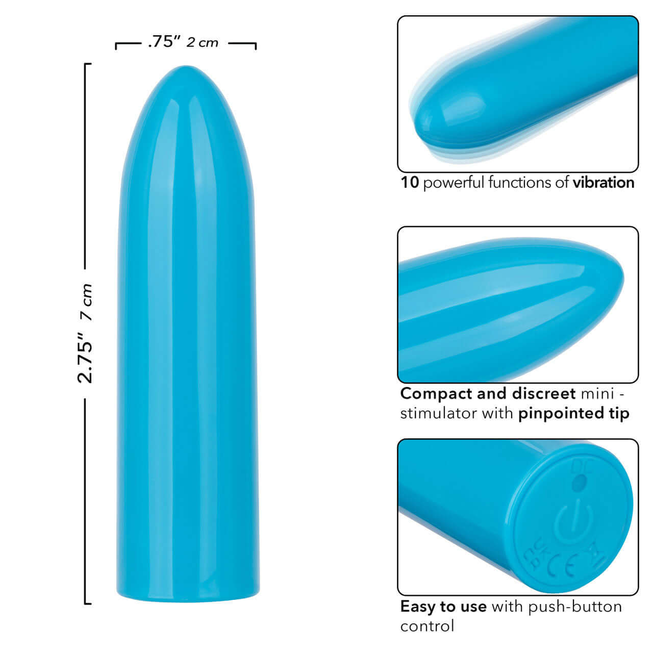 Turbo Buzz Classic Mini Bullet - Blue, compact stimulator with 10 vibration functions, body-safe, easy push-button control.