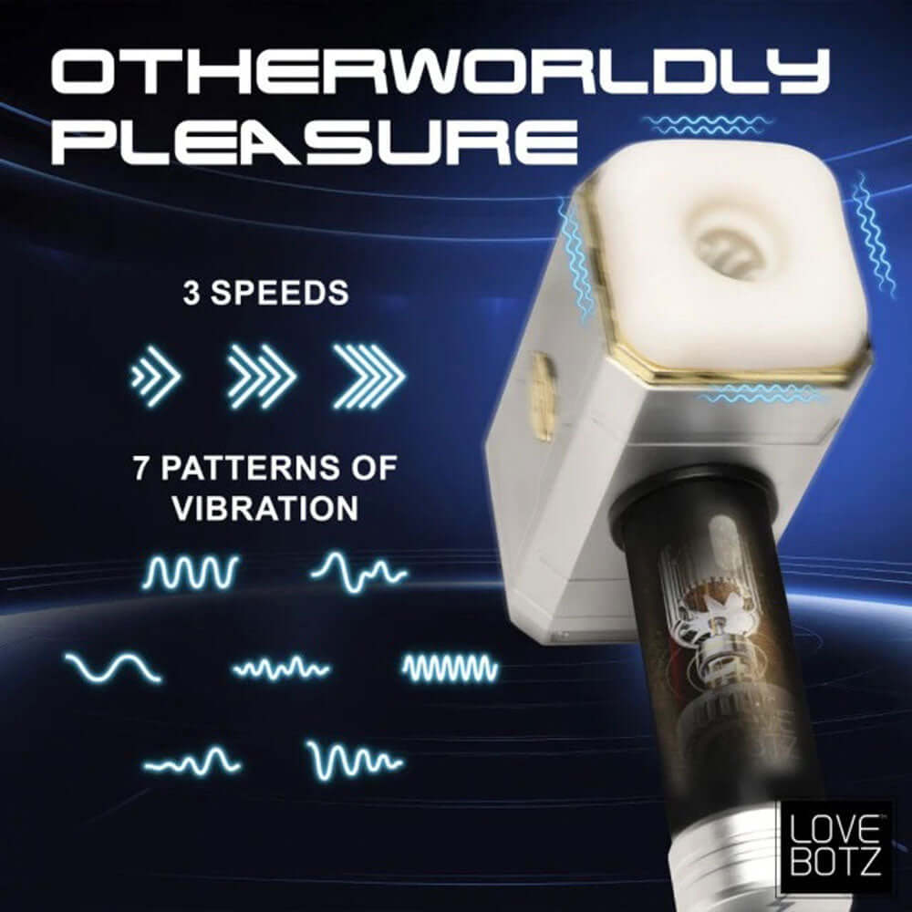 Thunder Stroker Sucking Masturbator Silver showcasing its features of 3 speeds and 7 vibration patterns.