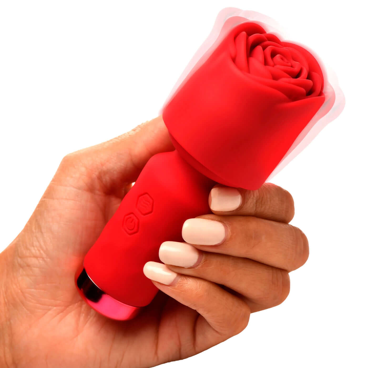 Hand holding small red Pleasure Rose-Petite Mini Silicone Rose Wand with ergonomic design and multiple vibration patterns