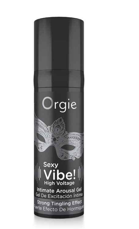 Orgie Sexy Vibe High Voltage Intimate Arousal Gel 15 ml bottle with a stylish mask design, enhancing intimate pleasure.