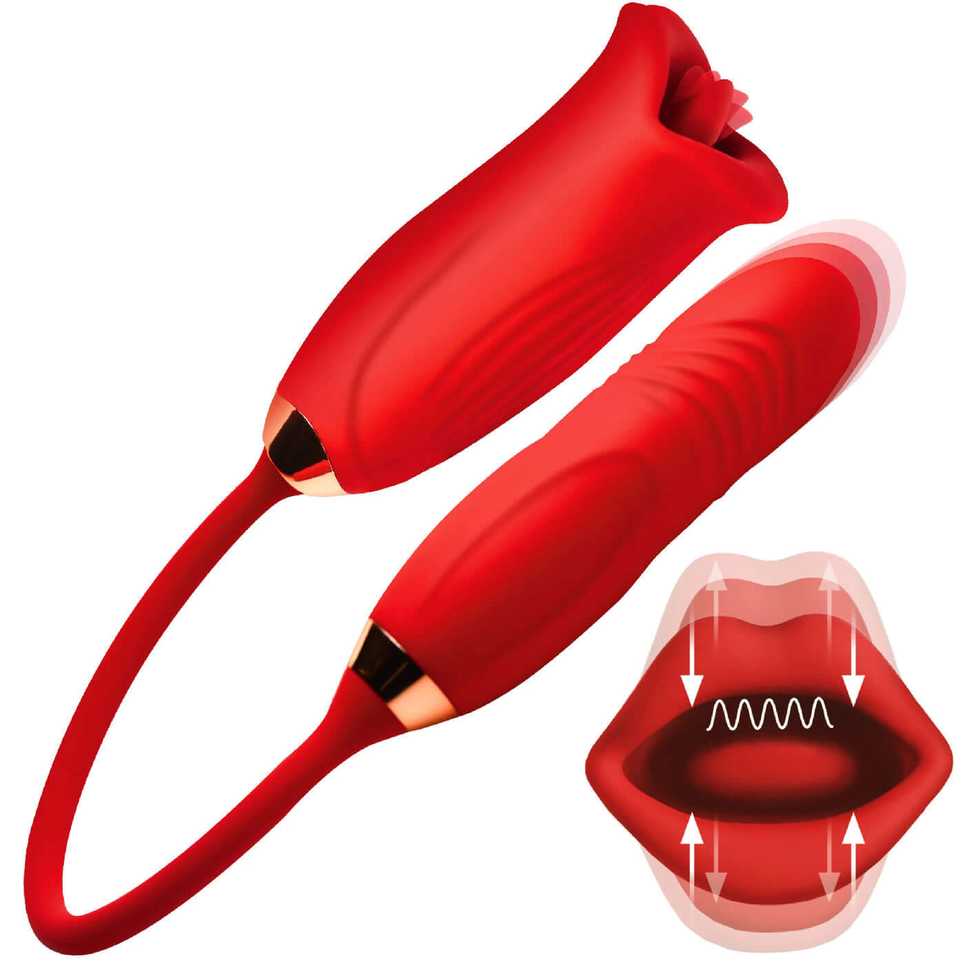Magic Kiss Kissing Clitoral Stimulator and Thrusting Vibrator in red with dual ends and simulated lip movement diagram.
