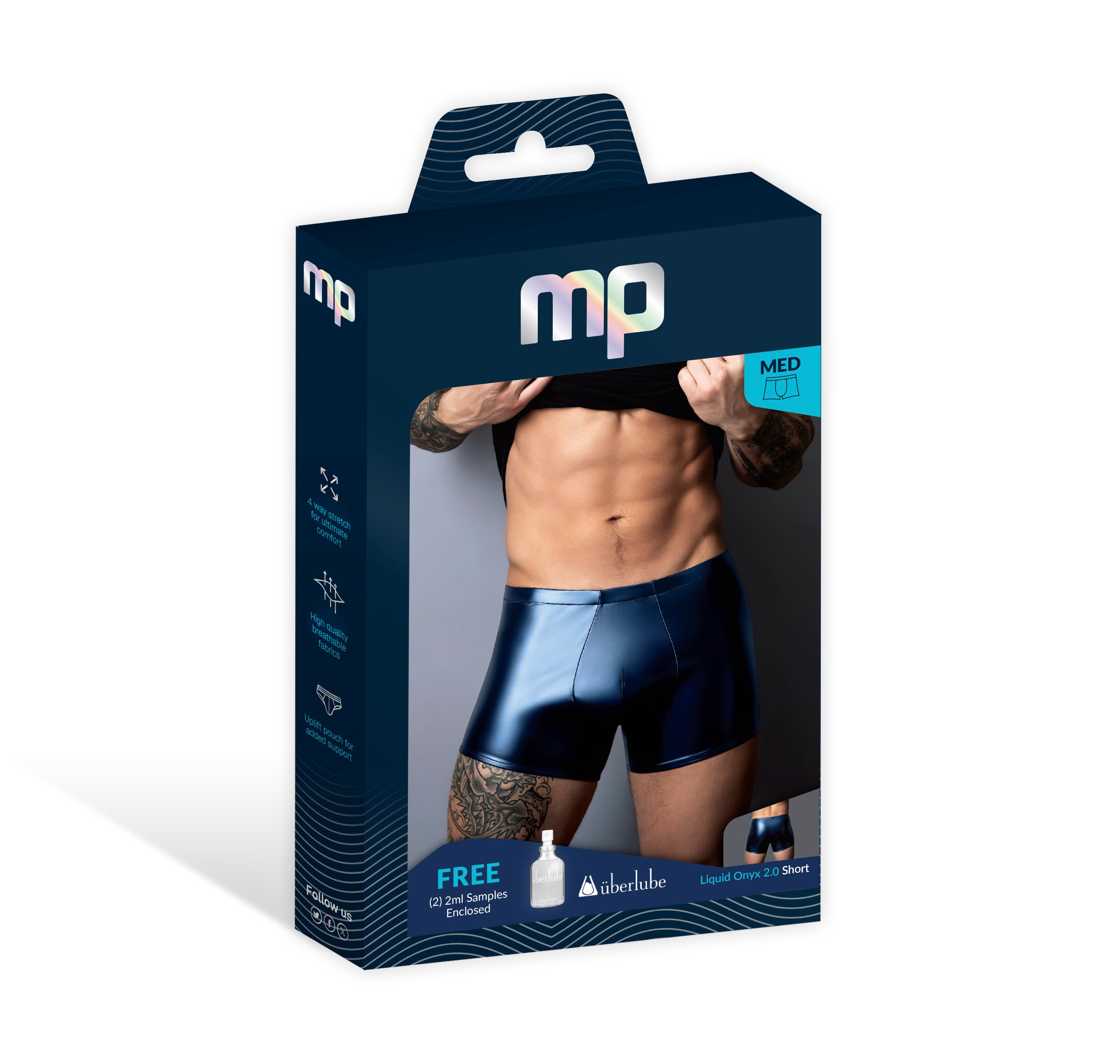 Male Power Liquid Onyx 2.0 Short Medium Blue packaging featuring a model showcasing the sleek design.