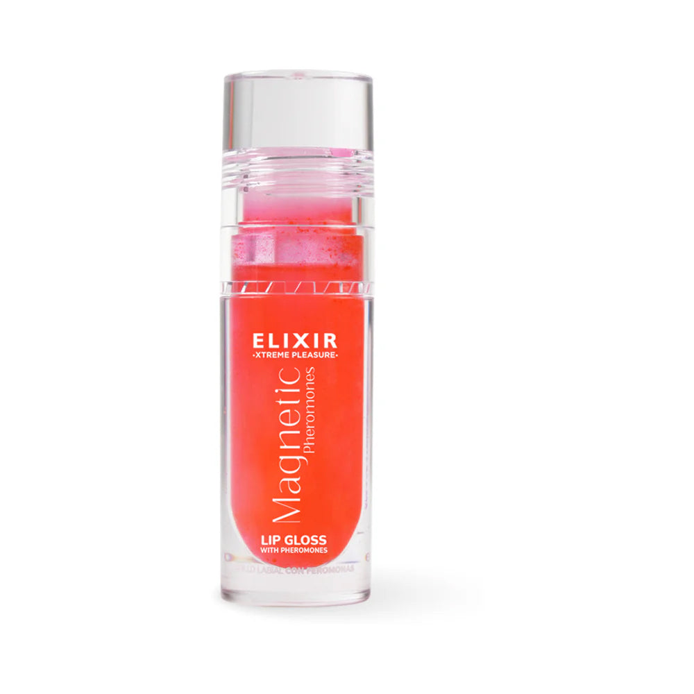 Elixir Magnetic Lip Gloss With Pheromones 5 ml in a clear tube, showcasing a vibrant coral shade and hydrating formula.