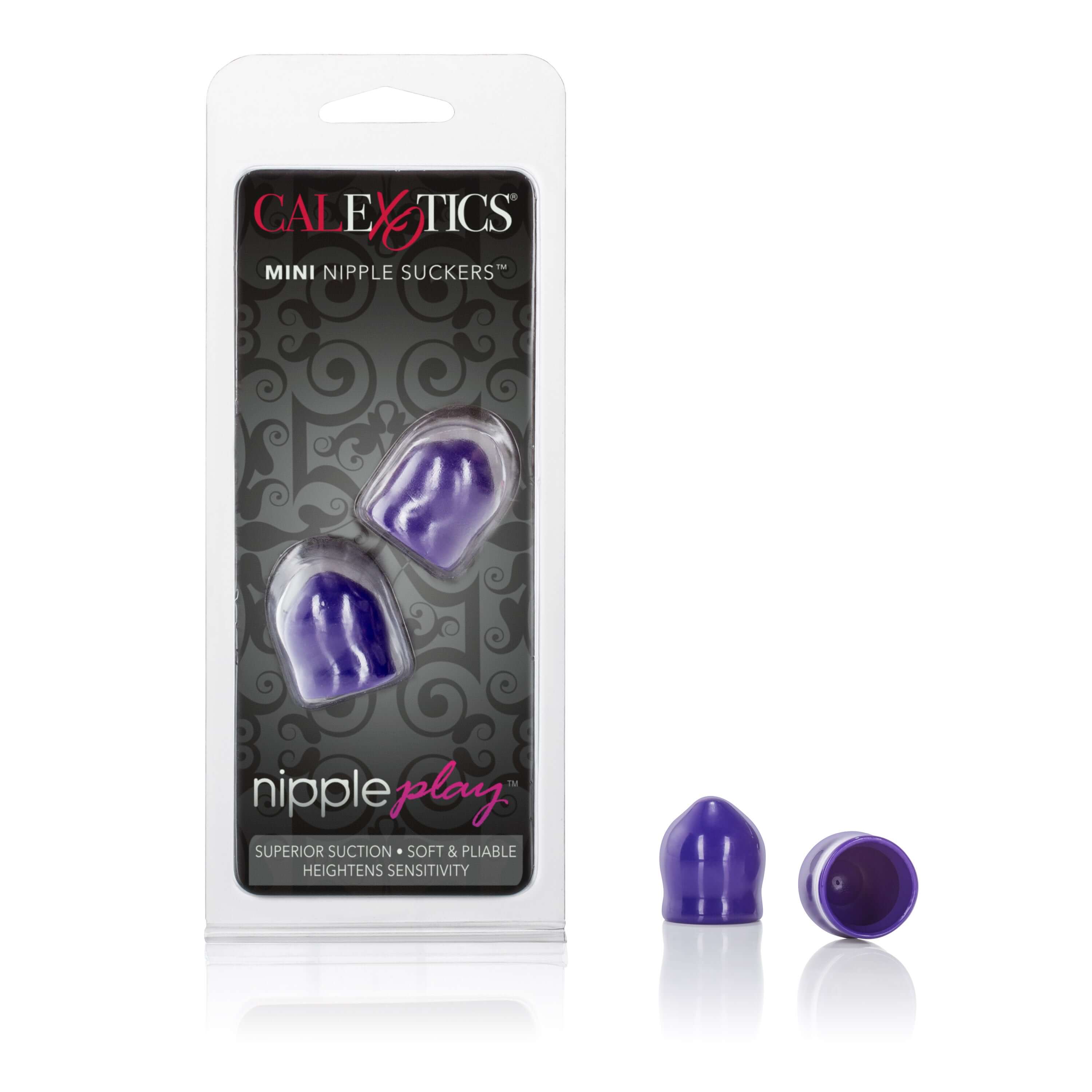 Nipple Play Mini Nipple Suckers Purple in packaging with two purple suction accessories for enhanced sensitivity.