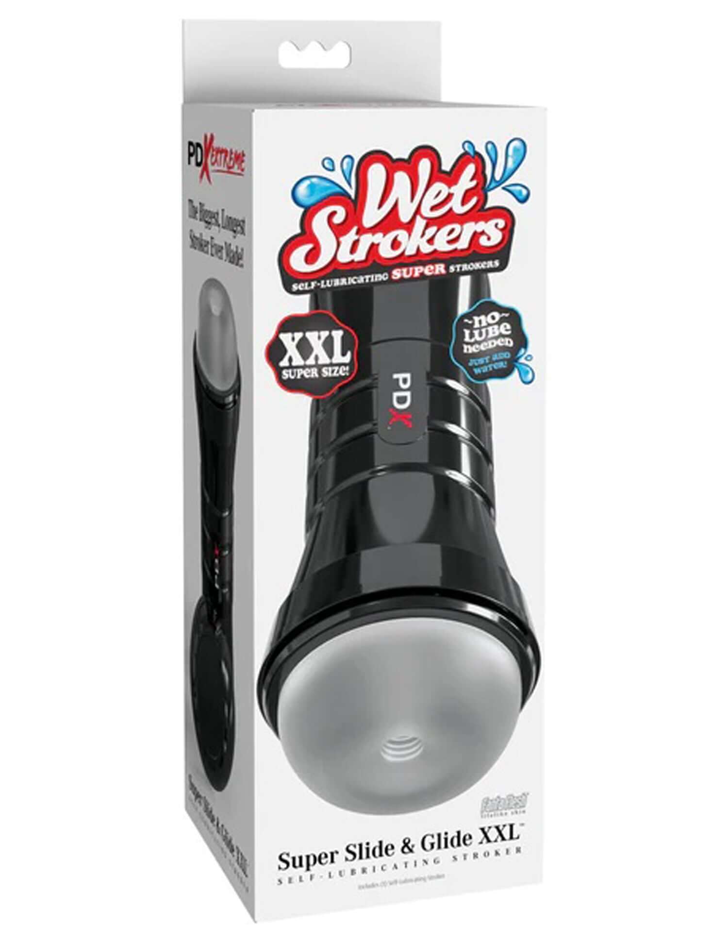 PDX Extreme Wet Stroker Super Slide and Glide XXL frosted packaging with self-lubricating feature.