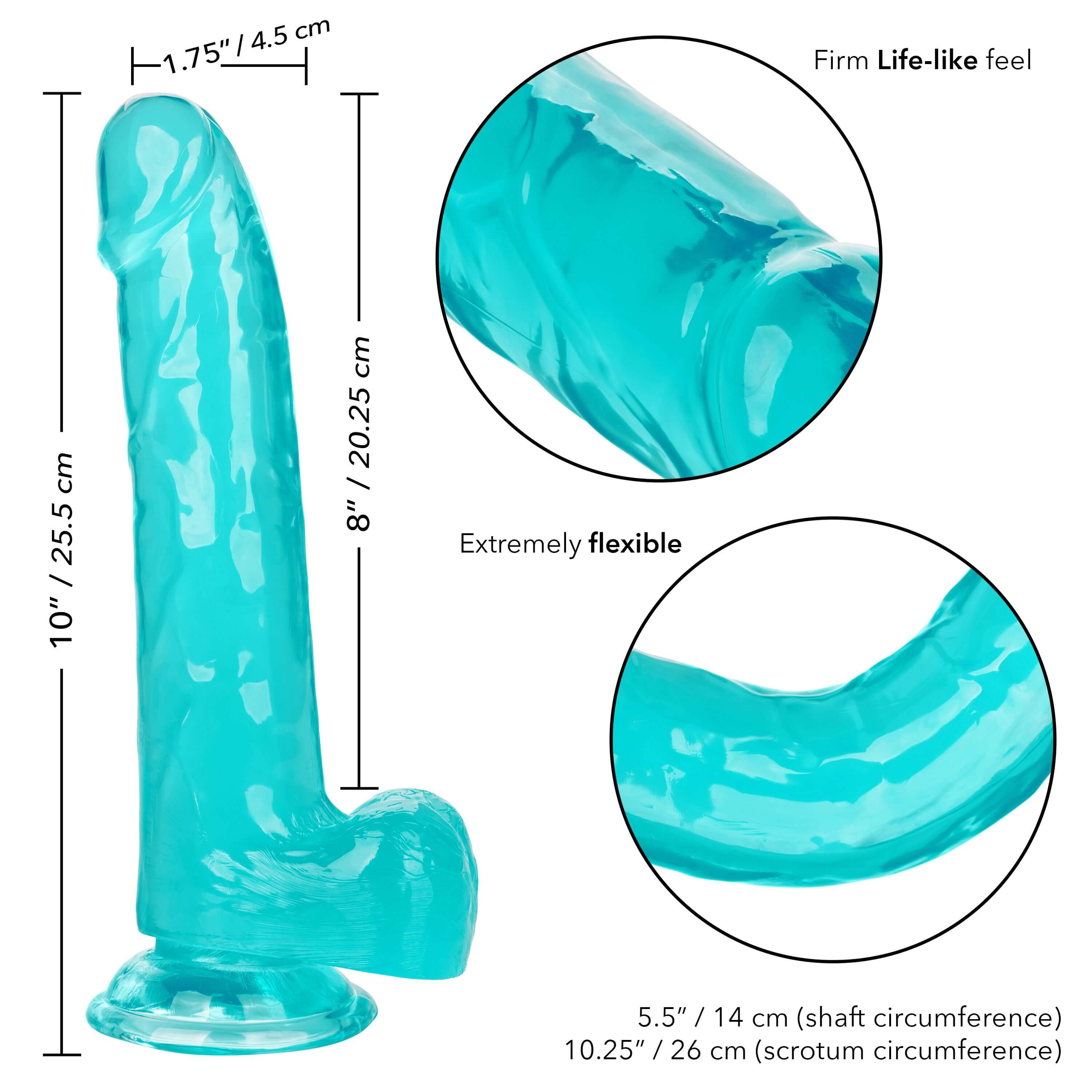 Size Queen Dildo 8 Inches Blue showing flexible design with realistic details and measurements.