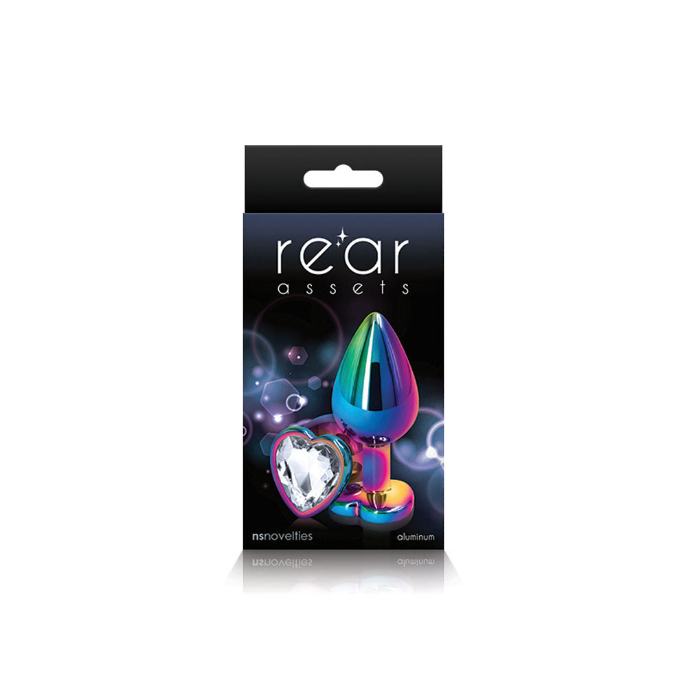 Rear Assets Multicolor Heart Medium Clear anal plug packaging showcasing its sleek design and vibrant colors.