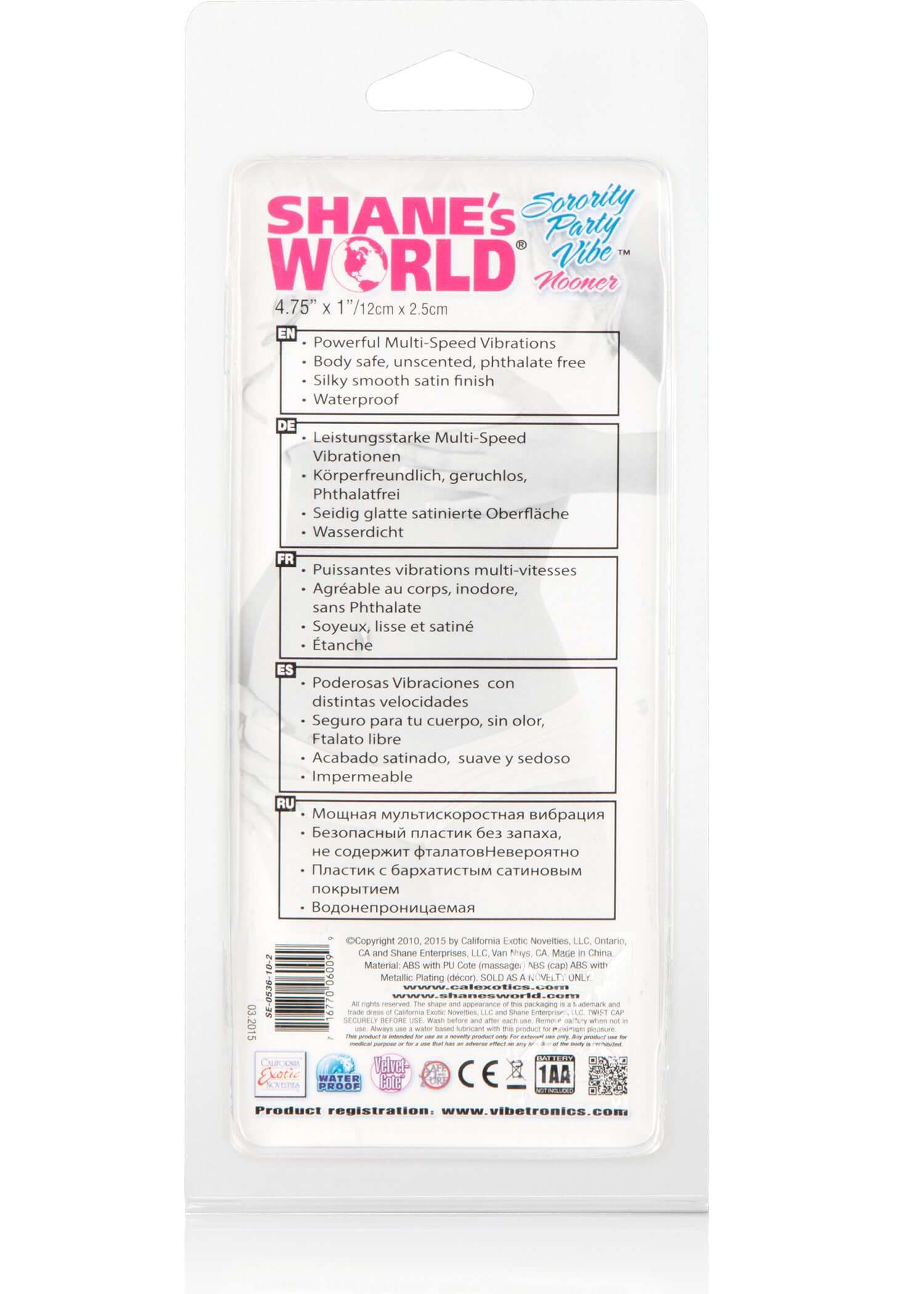 Shanes Worlds Sorority Party Vibe Nooner Pink packaging back with details on features and specifications.