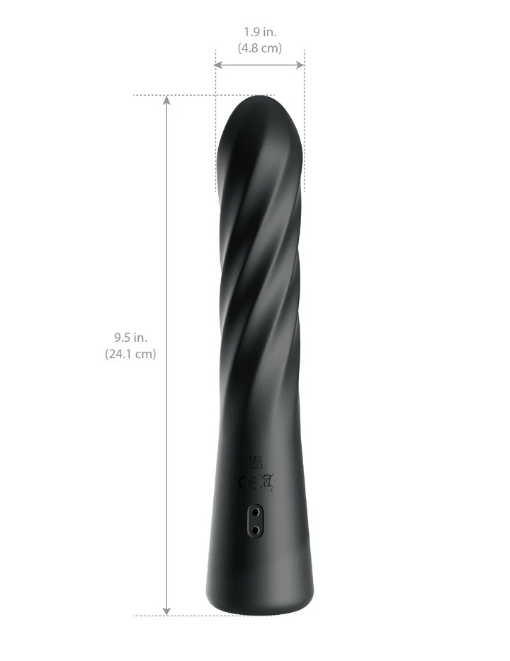 Anal Fantasy Elite Twist Ecstasy Vibrator Black showing twisted design and dimensions of 9.5 inches by 1.9 inches.