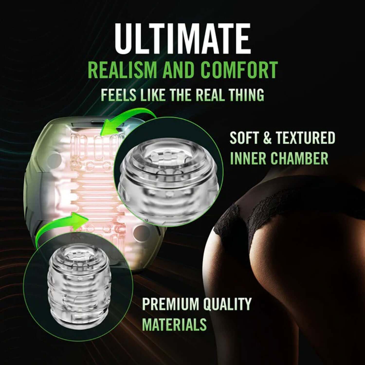 M for Men Dome X Vibrating Masturbator inner chamber and woman wearing black lingerie.