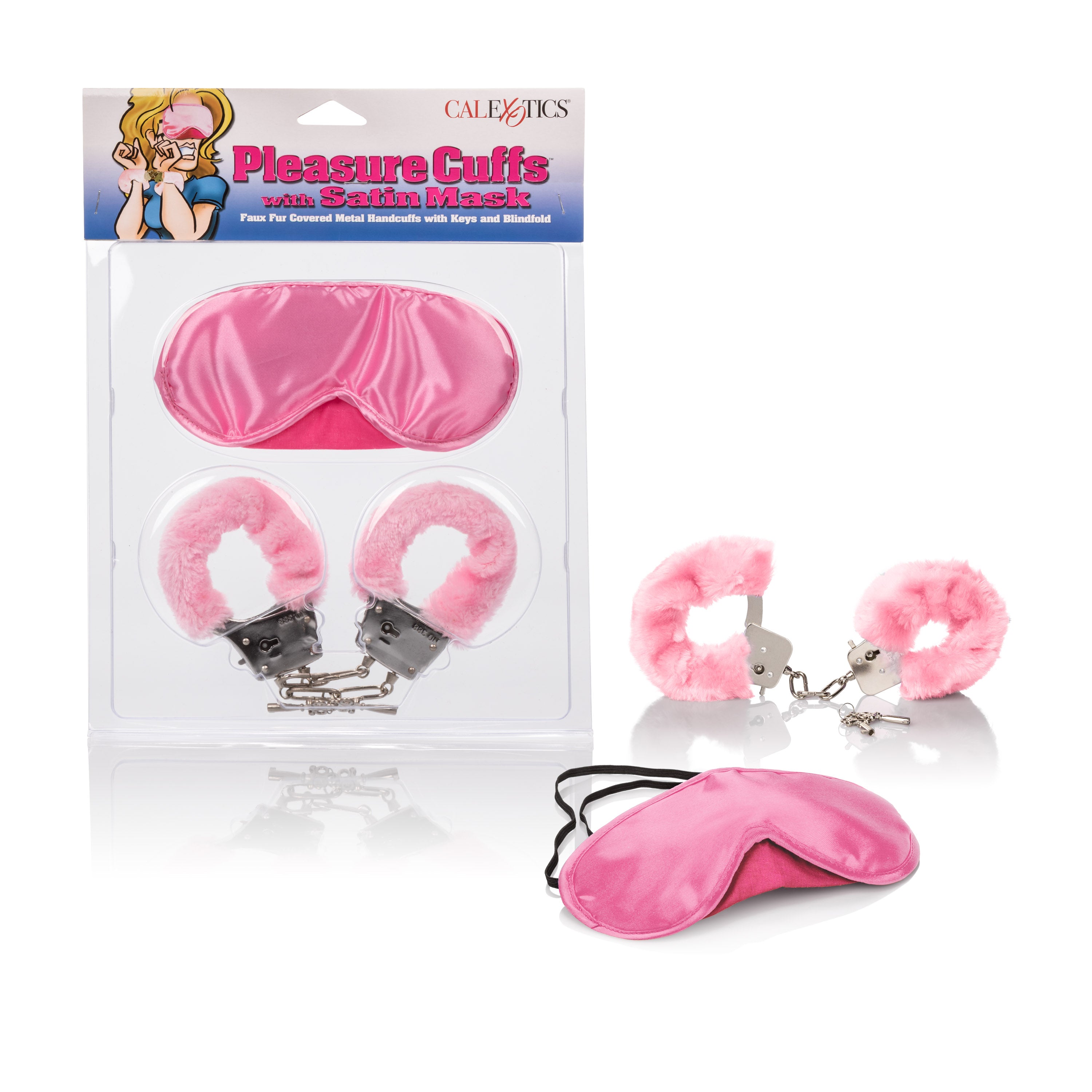 Pleasure Cuffs With Satin Mask set featuring plush-lined cuffs and satin blindfold from California Exotic Novelties.