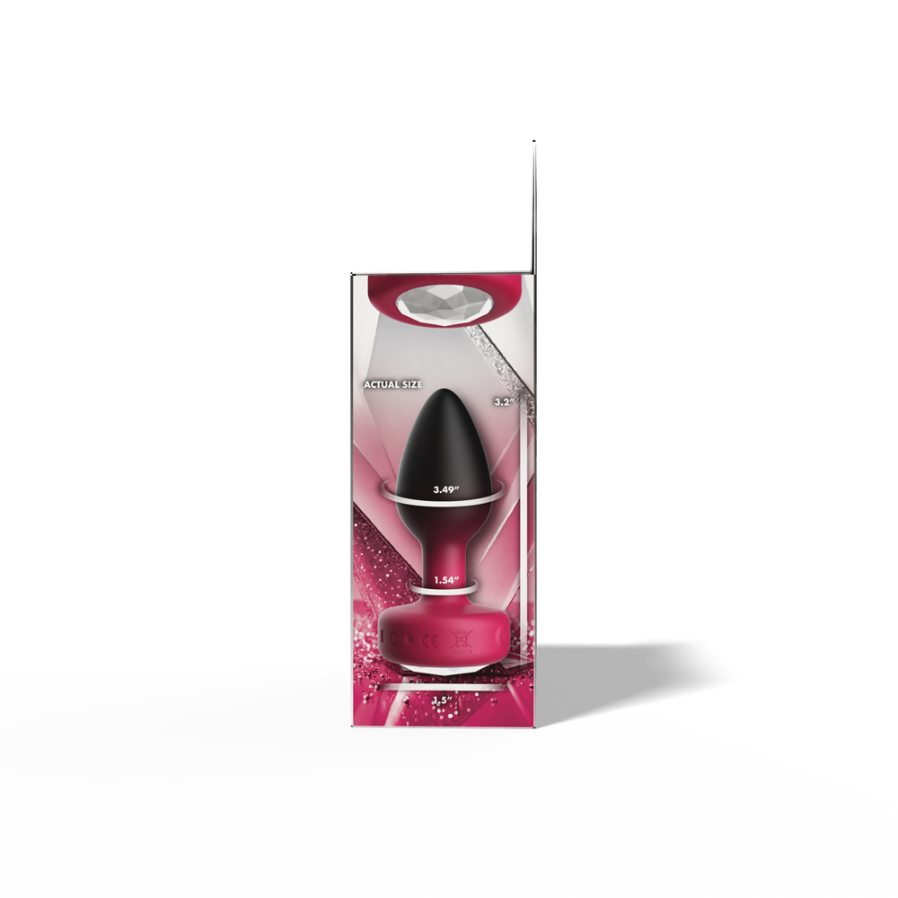 Cheeky Charms Eluxe Vibrating Anal Plug Small Ruby in stylish packaging with jeweled base and textured design.