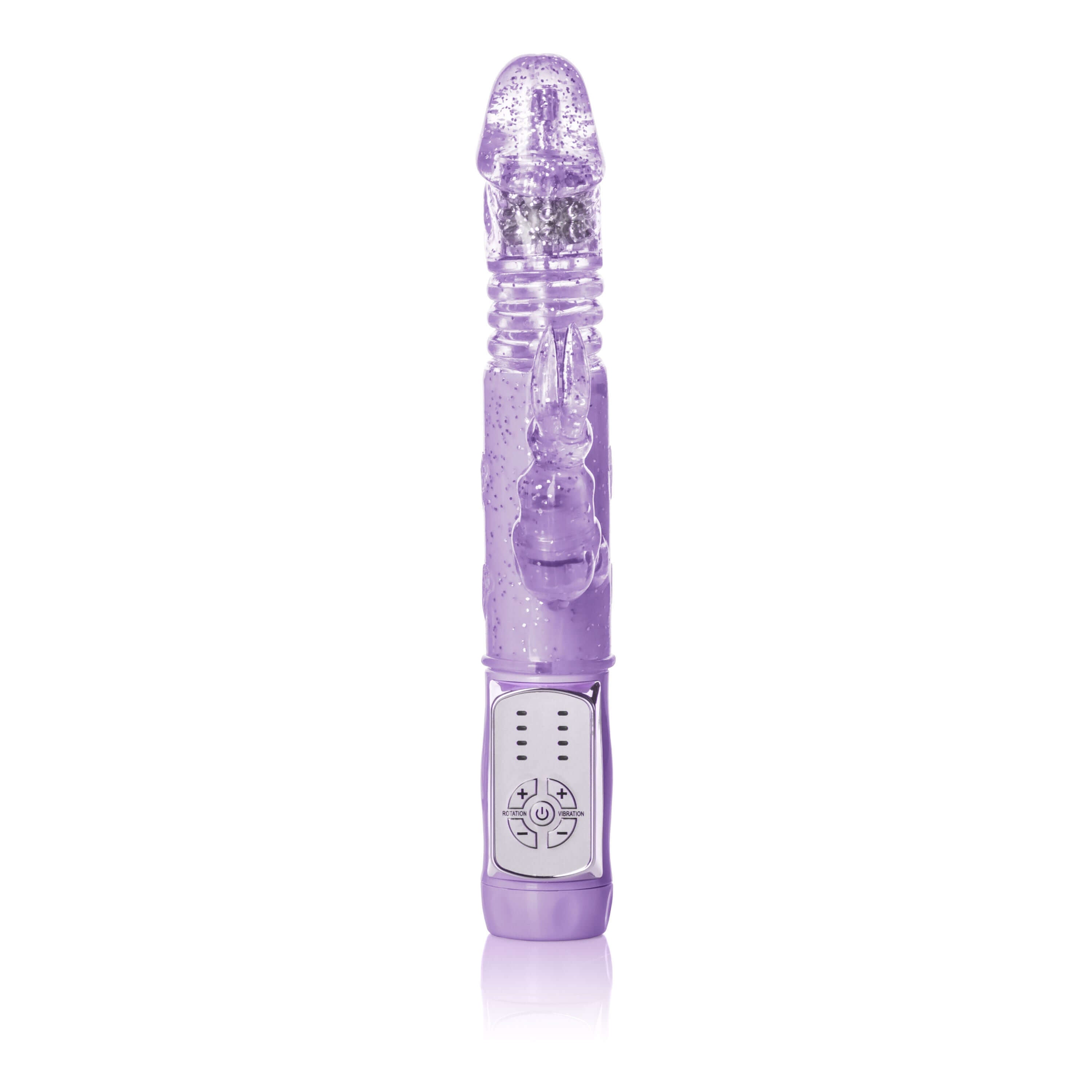 Petite Thrusting Jack Rabbit Vibrator Purple, a compact dual-action vibrator for intense stimulation.
