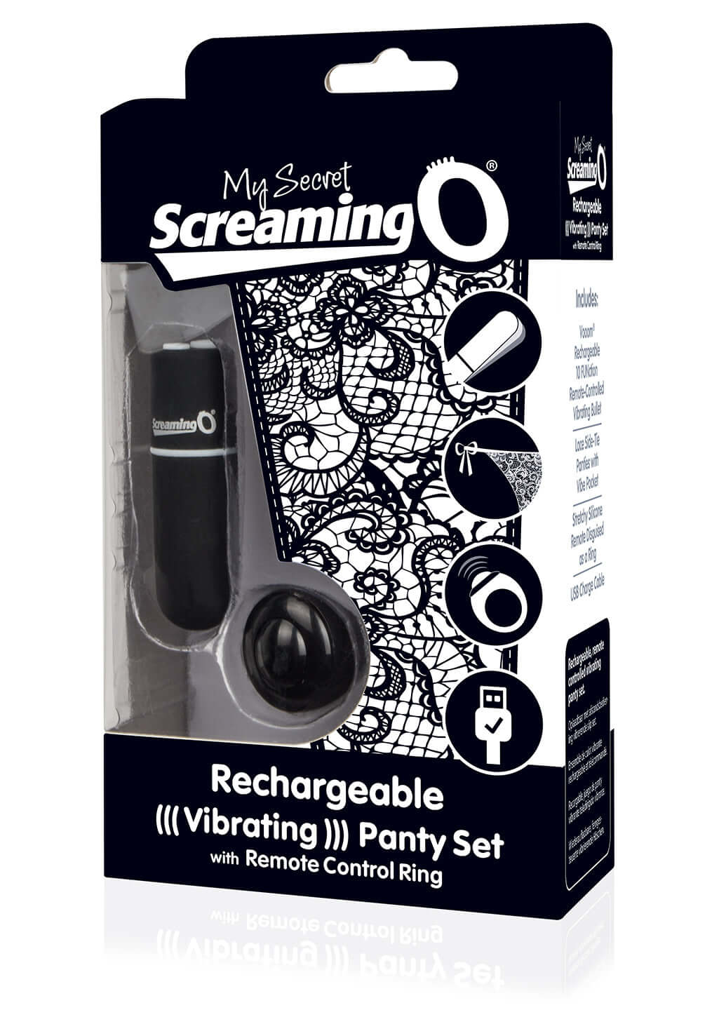 My Secret Charged Remote Control Panty Vibe Black packaging featuring a rechargeable vibrating panty set with remote control.