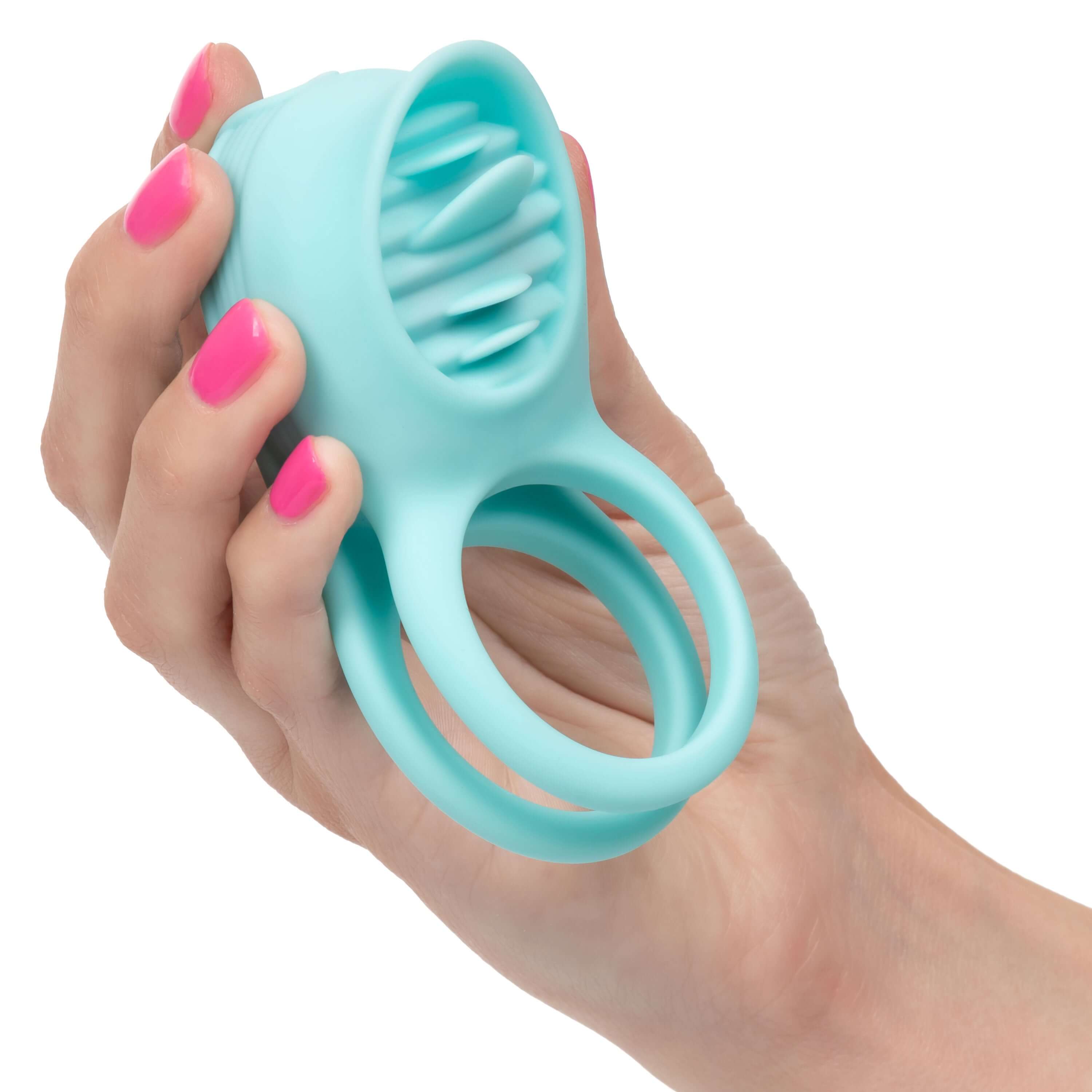 Silicone Rechargeable French Kiss Enhancer held in hand, showcasing its flexible design and effective stimulation features.