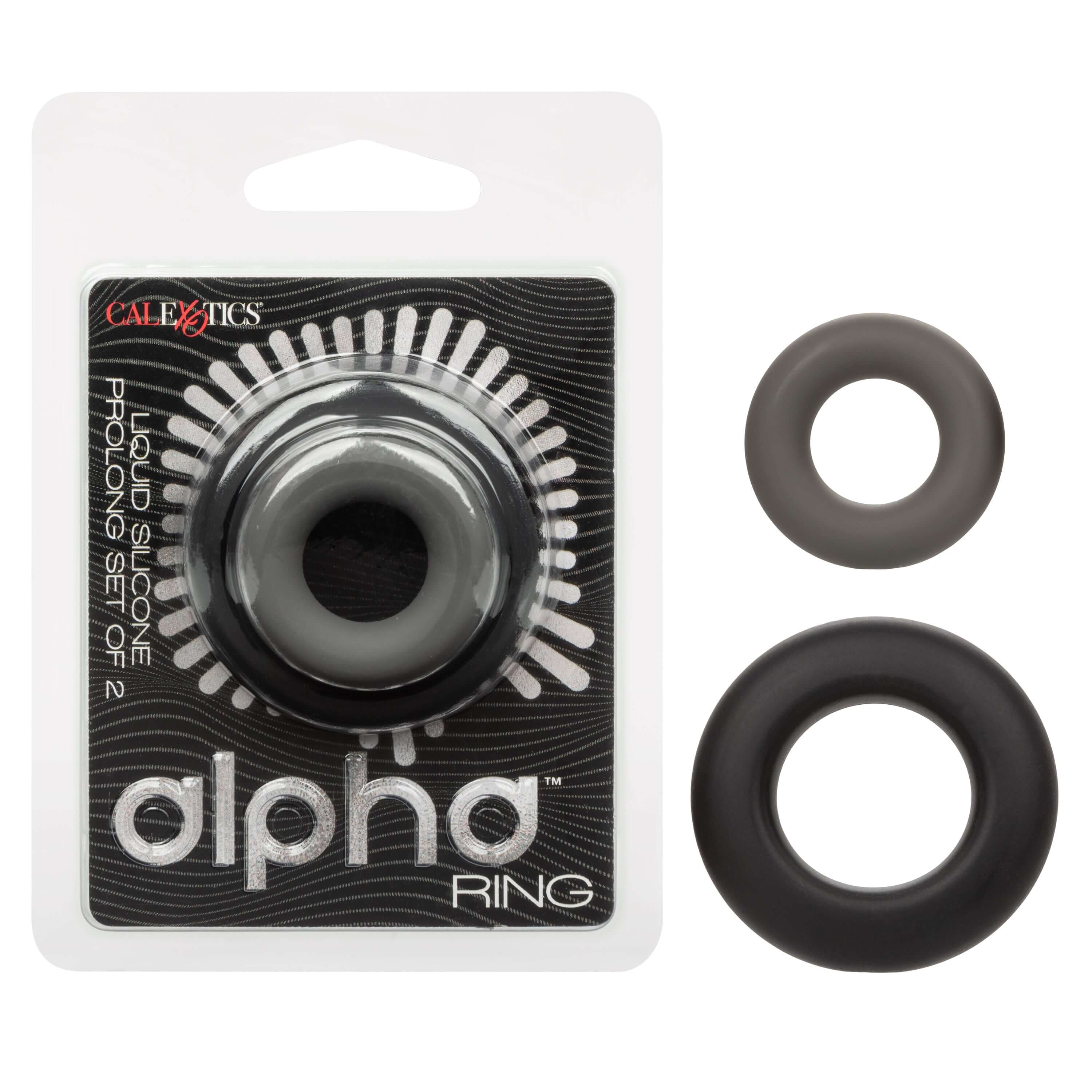 Alpha Liquid Silicone Prolong Set of 2 Black Gray packaging with two rings, gray and black, designed for comfort and performance.