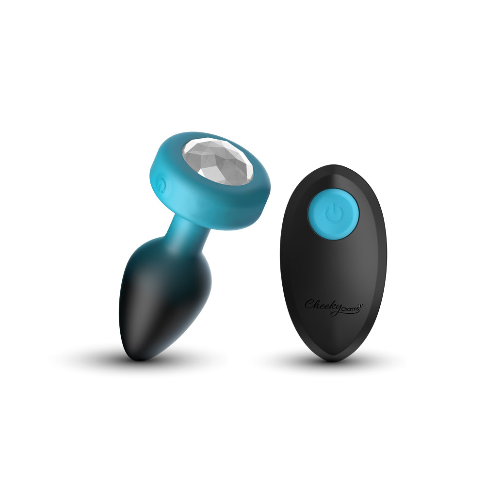 Cheeky Charms Eluxe Vibrating Anal Plug Small Teal with jeweled base and remote control.