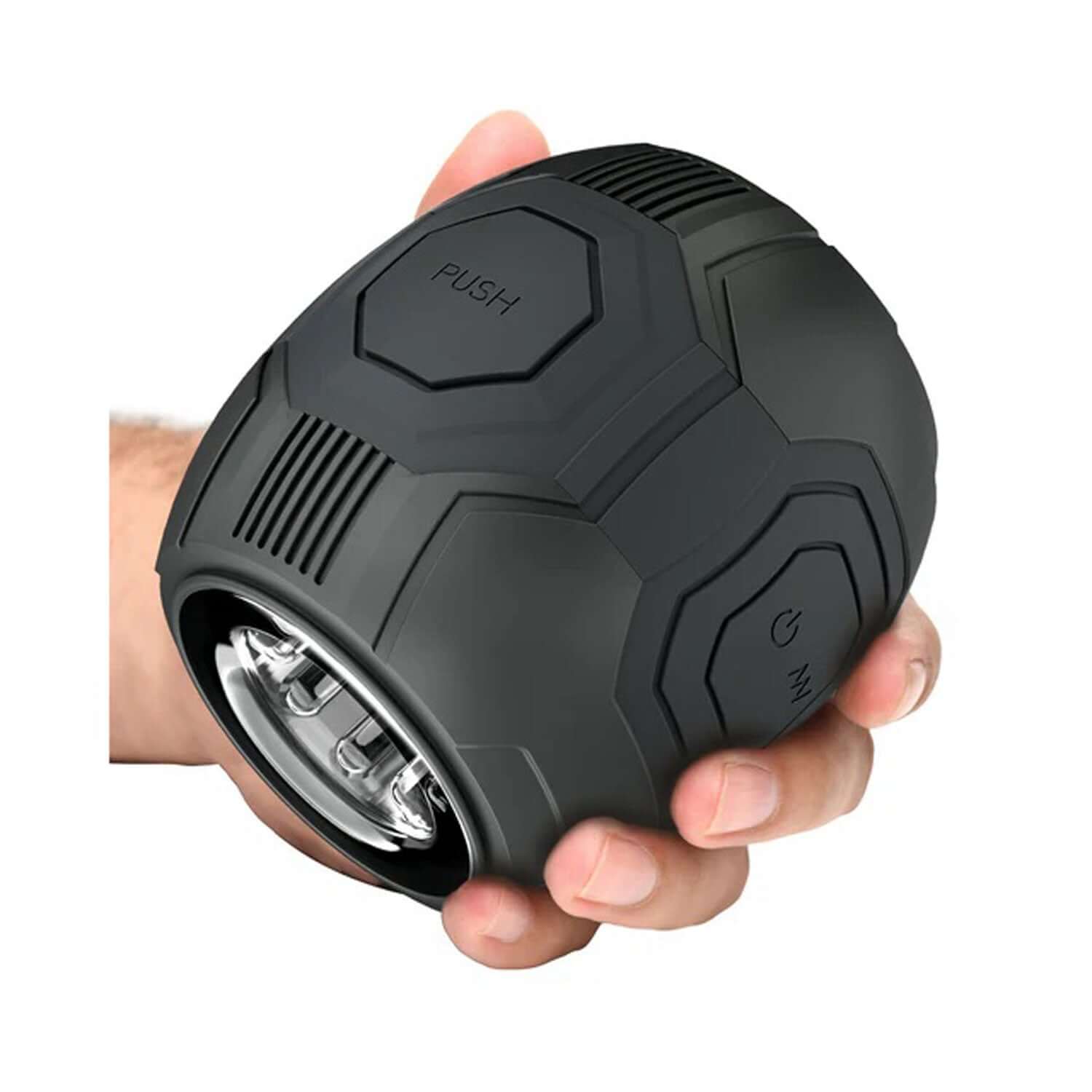 M for Men Dome X black vibrating masturbator with futuristic design and easy-squeeze grip held in hand