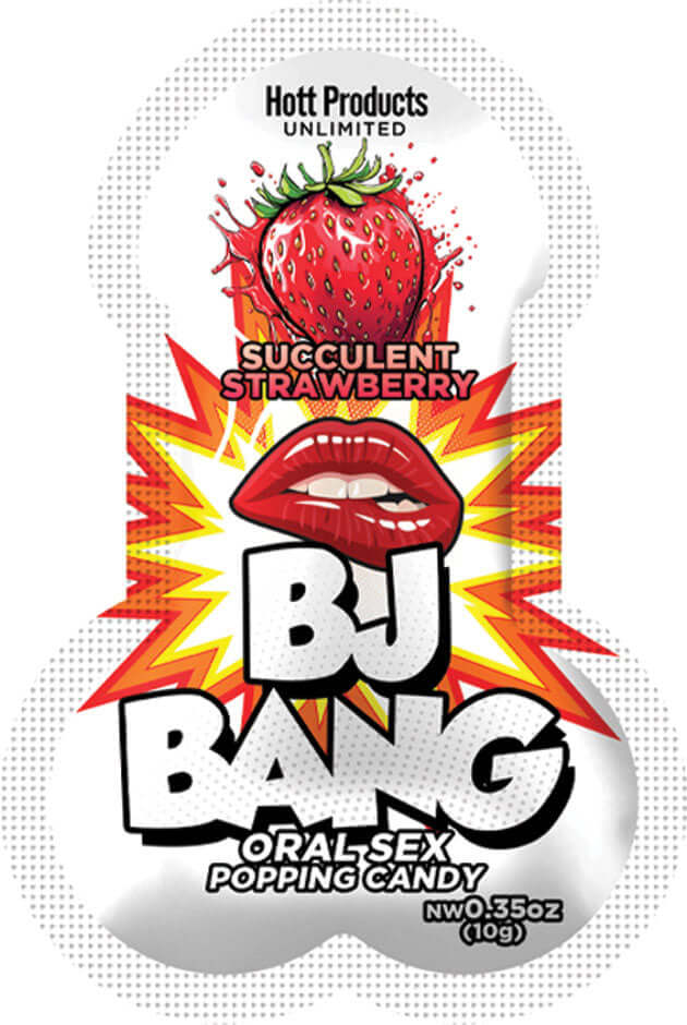 Bj Bang Oral Sex Popping Candy Strawberry 10gm packaging featuring strawberry and lips graphic.