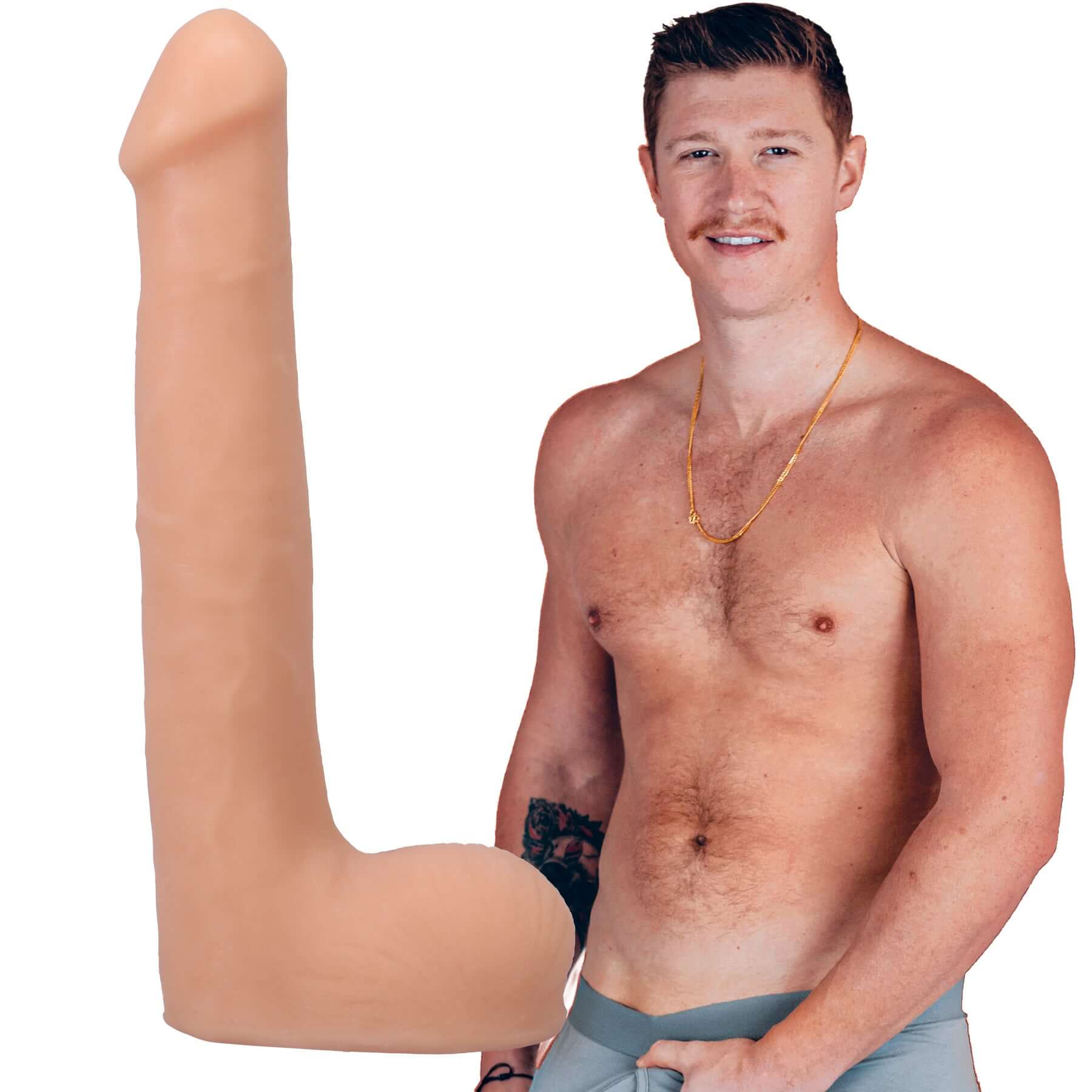 Signature Cocks Oliver Flynn Ultraskyn Dual Density 10 Inch Cock in Vanilla with model standing shirtless.