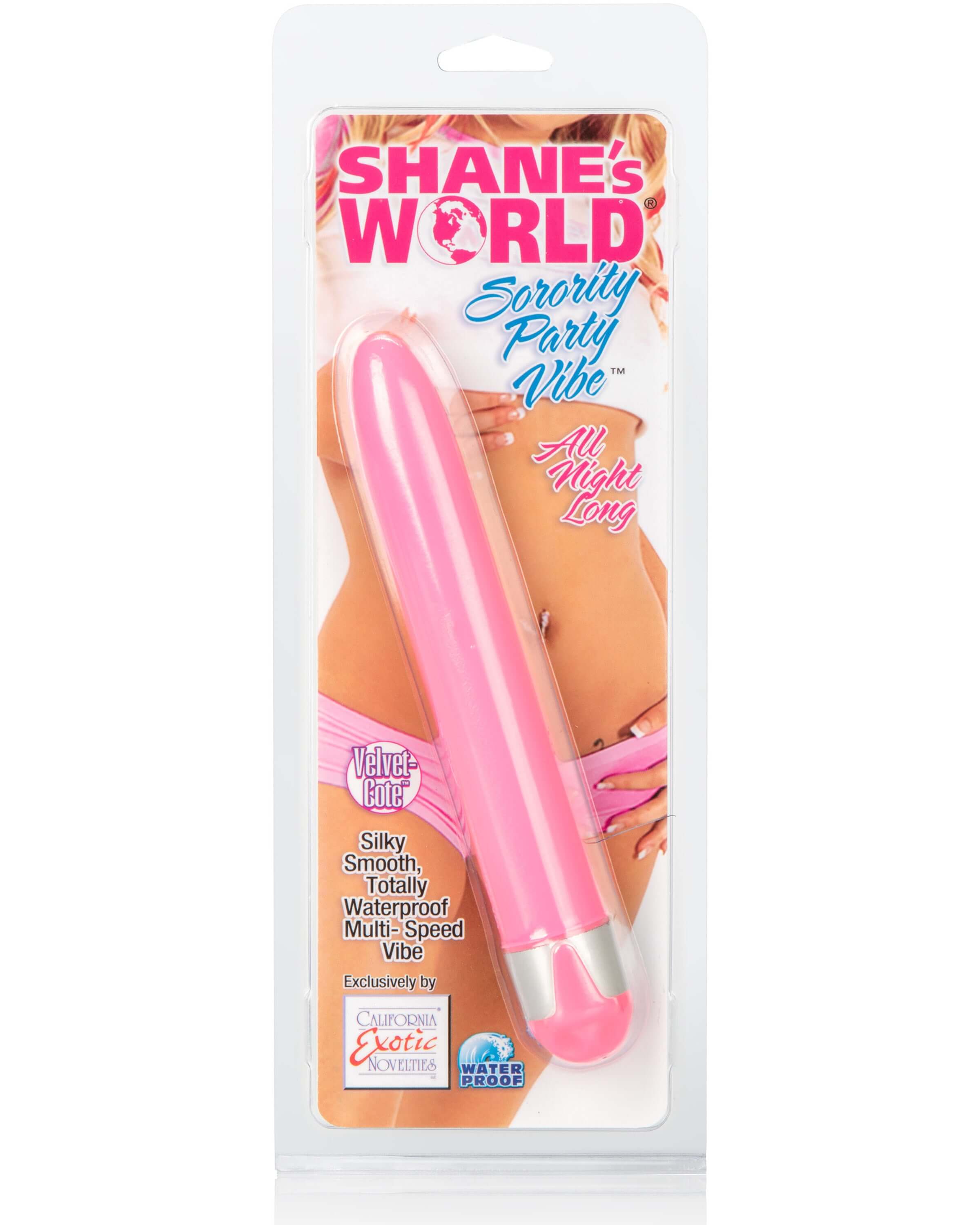 Shanes World Sorority Party Vibe All Night Long Pink packaging showcasing the silky smooth design and multi-speed functionality.