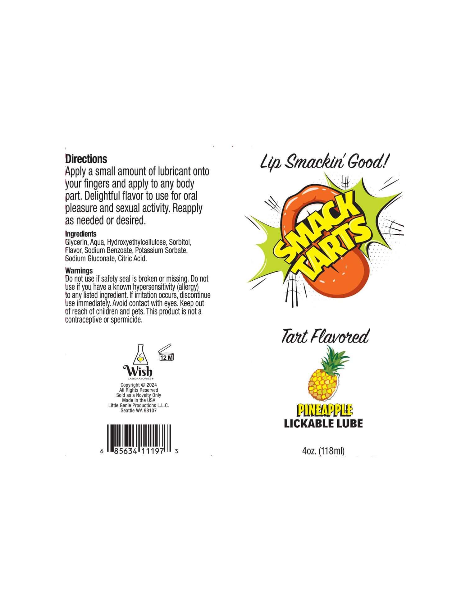 Smack Tarts Lickable Flavored Lubricant Pineapple 4 Oz packaging featuring directions and flavor details.