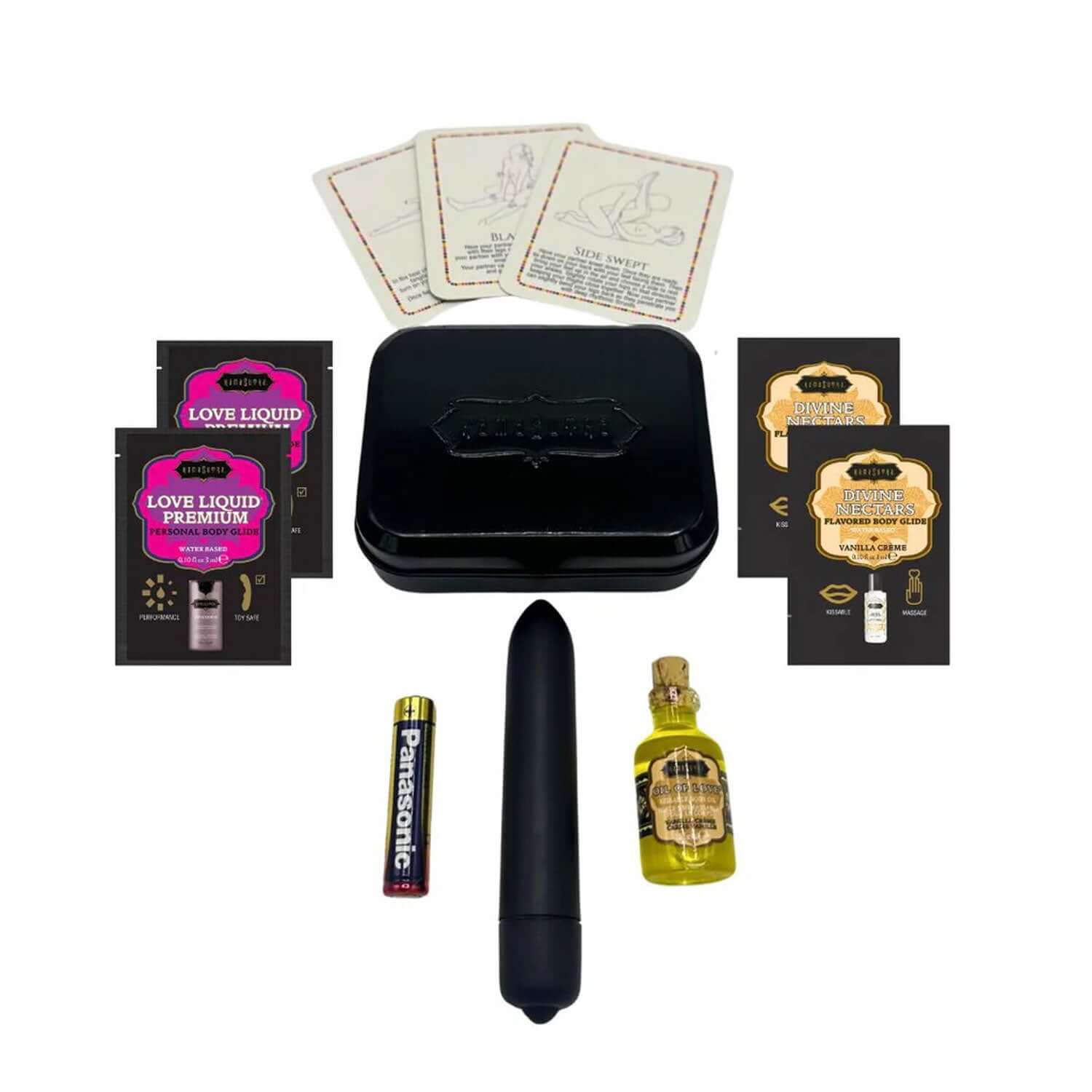 "Kama Sutra Weekender Kit Vibe Vanilla with mini bullet vibe, battery, love liquid samples, cards, and massage oil."