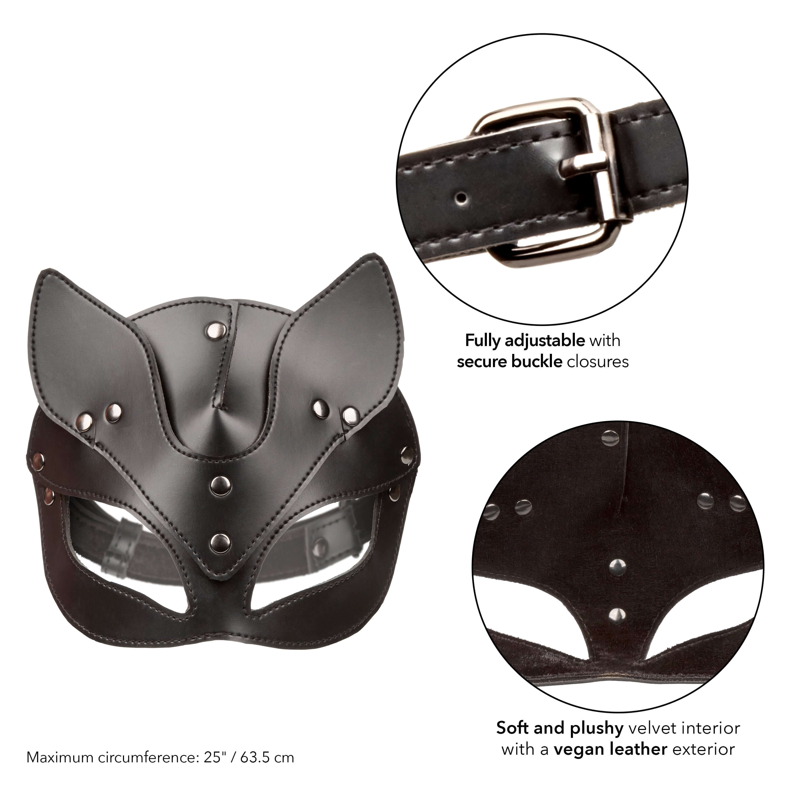Euphoria Collection Cat Mask Black with adjustable buckle closures and soft velvet interior for comfort.