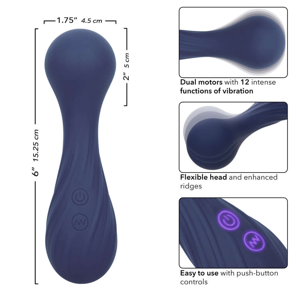 Charisma Temptation Compact Wand Massager - Blue with dimensions and features including dual motors, flexible head, and push-button controls