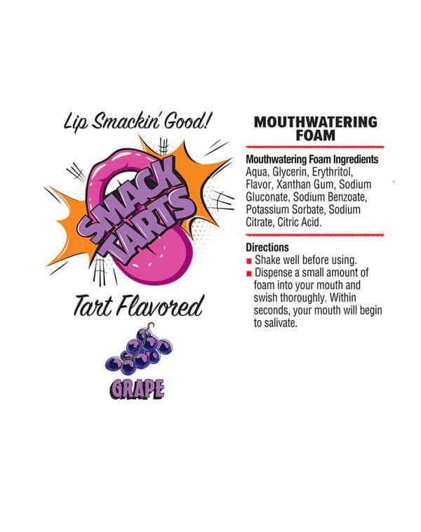 Smack Tarts Mouthwatering Foam Sour Grape 2.7 Oz packaging with vibrant graphics and ingredient list.