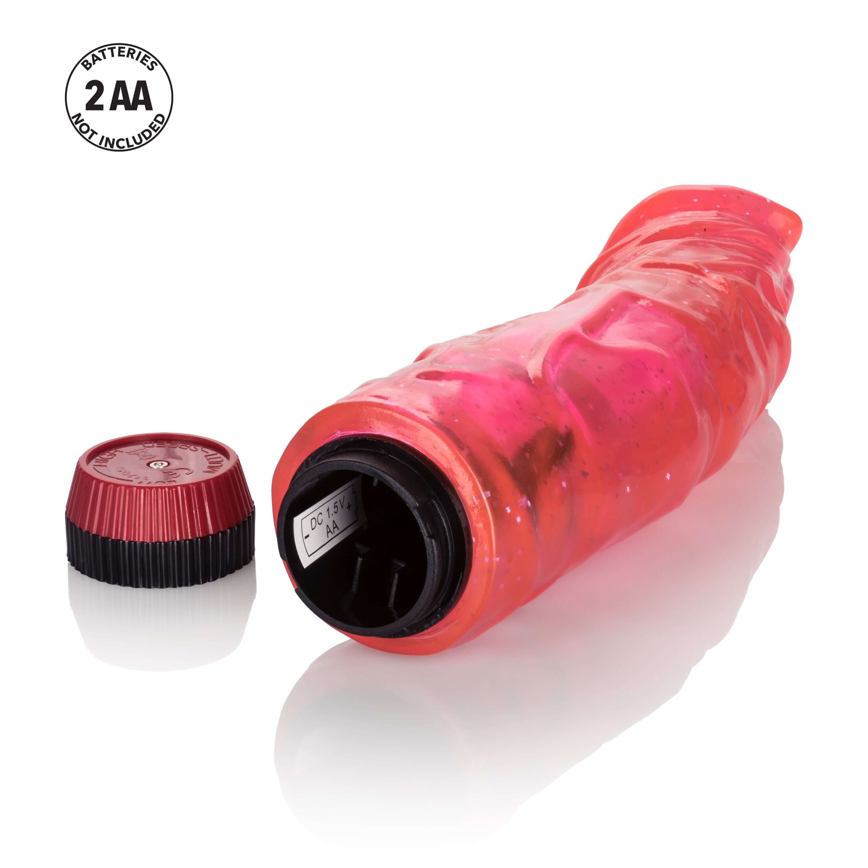 Devil Dick 8.5 Inches Vibrator Hot Pink displayed with battery compartment and cap, highlighting its vibrant color and design.