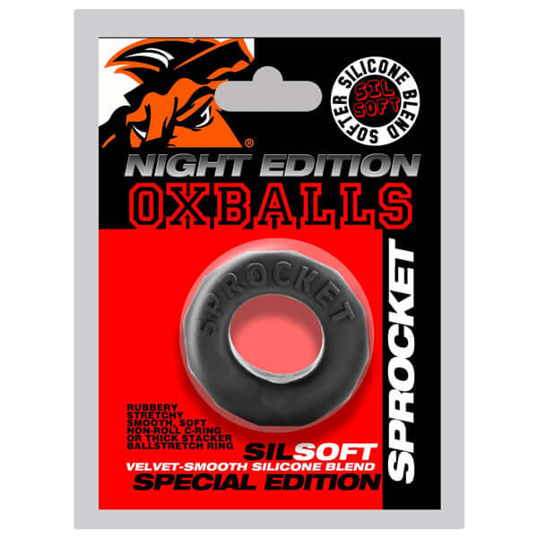 Oxballs Sprocket Comfort No-Roll Cockring in black, made from Silsoft silicone, designed for lasting comfort and enhanced bulge.