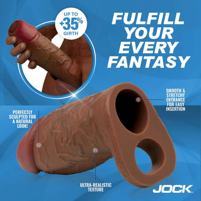 Jock Silicone Penis Extension Sleeve Dark designed for enhanced girth and stimulation with ultra-realistic texture.