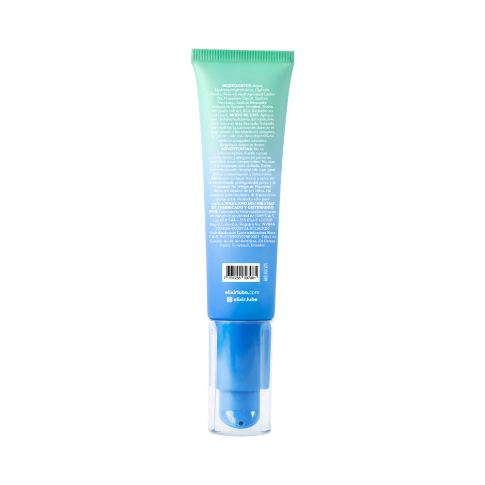 Elixir Cool Sensation Lubricant 30 ml bottle back view displaying ingredients and instructions.