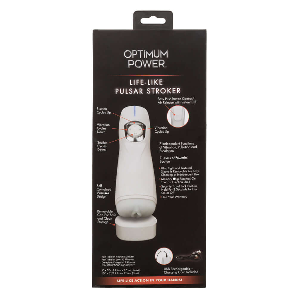 Optimum Power Life-like Pulsar Stroker in white packaging showcasing features and benefits.