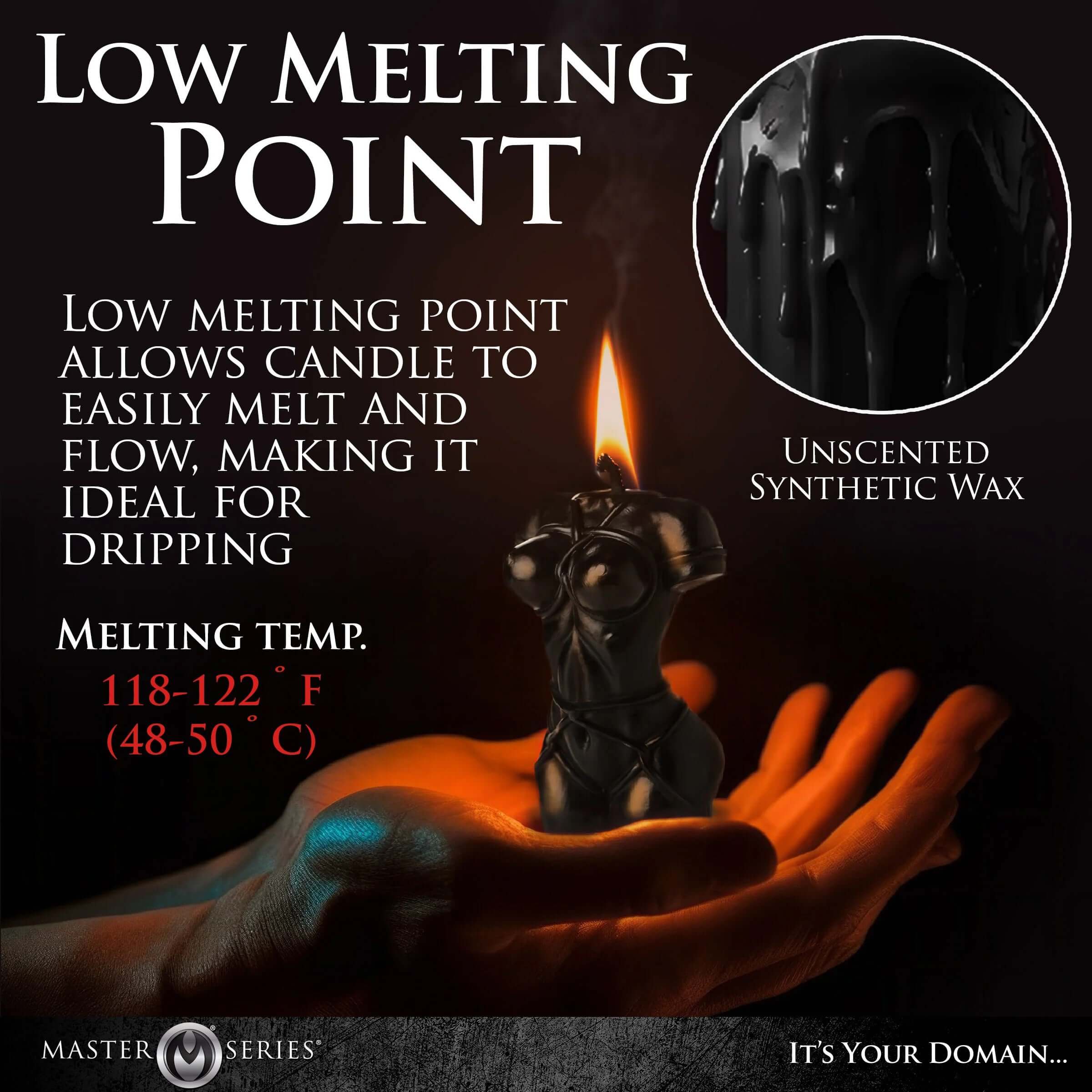 Bound Goddess Drip Candle in hand, showing low melting point for easy dripping, with unscented synthetic wax, melting temp 118-122°F