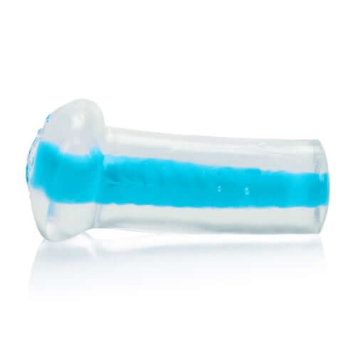 Shanes World Strokes College Tease Blue Stroker, a soft stretchy masturbator with ribbed tunnel for enhanced sensation.